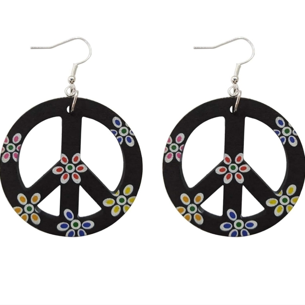 Women’s Jewelry Unique Black Peace Sign and Colorful Flowers Dangle Earrings